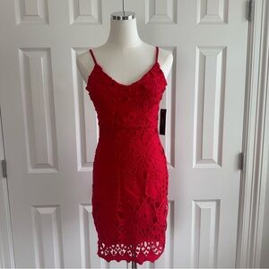 NWPT Lulus Red Spaghetti Strap Crochet Lace Overlay Christmas Mini Dress Size S